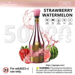 Strawberry watermelon vape bottle with splash droplets, “50,000 puffs” and nicotine warning text