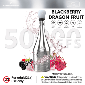 Blackberry Dragon Fruit vape bottle with flavor icons and specs, 50,000 puffs and 2% nicotine on white background