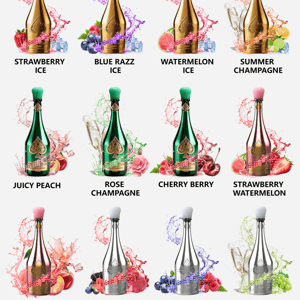 12 flavored champagne-style vape bottles with fruit illustrations and labels such as Strawberry Ice, Blue Razz Ice, Watermelon Ice