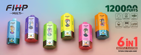 Row of six brightly colored disposable vape devices with cartoon ape illustrations on a soft pastel gradient background, branded 'FIHP MULTI' and labeled '6 in 1' and '12000 puffs,' with small icons indicating features like 650 mAh battery, Type‑C charging, dual mesh coil and LED screen.