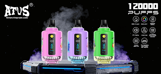 Three colorful cylindrical vape devices (pink, lavender, green) with digital displays and black mouthpieces sit on a glowing futuristic platform amid vapor against a black starry background, with the ATUS logo at top left and product feature icons and "1200000 PUFFS" text at top right.