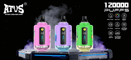 Three colorful cylindrical vape devices (pink, lavender, green) with digital displays and black mouthpieces sit on a glowing futuristic platform amid vapor against a black starry background, with the ATUS logo at top left and product feature icons and "1200000 PUFFS" text at top right.