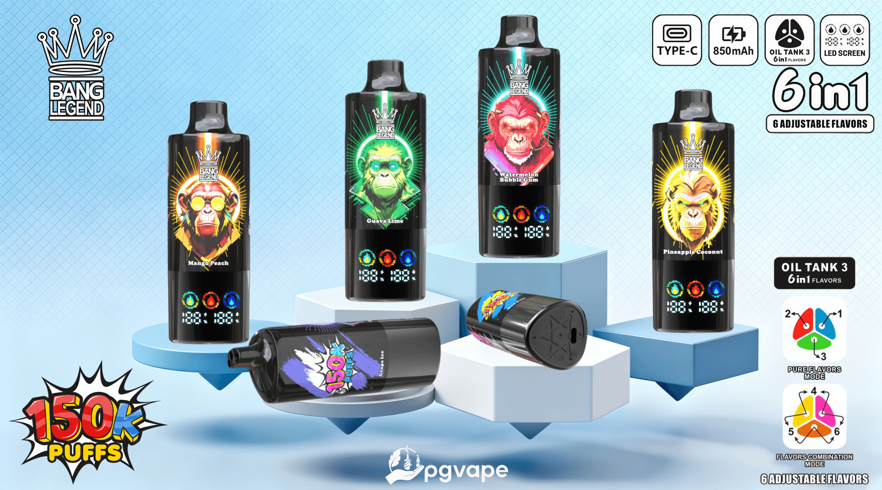 Promotional display of five black Bang Legend disposable vape devices with vibrant neon animal illustrations on their labels, arranged on blue geometric pedestals against a light blue grid background, alongside icons highlighting features like 6-in-1 adjustable flavors, Type-C charging, 850mAh battery, and a 150k puffs graphic.