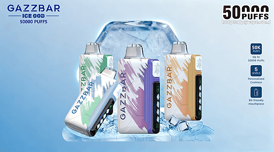 Three colorful GAZZBAR Ice God disposable vape devices with brushstroke patterns in green, purple, and orange standing on ice in front of a large ice block, with prominent text noting 50,000 puffs and icons for 50K puffs, five cooling levels, and a bite-friendly mouthpiece.
