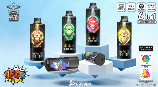 Promotional display of five black Bang Legend disposable vape devices with vibrant neon animal illustrations on their labels, arranged on blue geometric pedestals against a light blue grid background, alongside icons highlighting features like 6-in-1 adjustable flavors, Type-C charging, 850mAh battery, and a 150k puffs graphic.