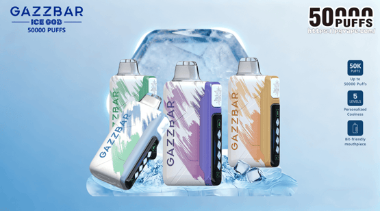 Three colorful GAZZBAR Ice God disposable vape devices with brushstroke patterns in green, purple, and orange standing on ice in front of a large ice block, with prominent text noting 50,000 puffs and icons for 50K puffs, five cooling levels, and a bite-friendly mouthpiece.