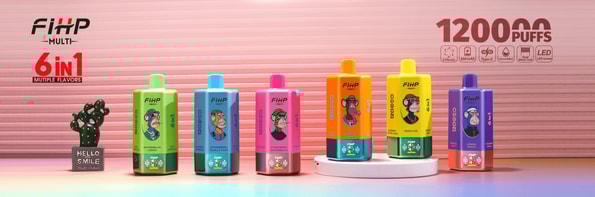 Six colorful rectangular vape devices (green, blue, pink, orange, yellow, purple) with cartoon ape labels and FIHP Multi branding reading “6 in 1” and “12000 PUFFS,” lined up on a pink ribbed background with a small decorative cactus in a pot at the left.