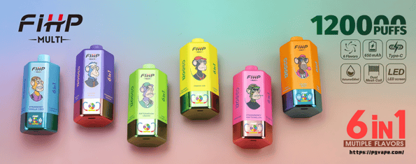 Row of six brightly colored disposable vape devices with cartoon ape illustrations on a soft pastel gradient background, branded 'FIHP MULTI' and labeled '6 in 1' and '12000 puffs,' with small icons indicating features like 650 mAh battery, Type‑C charging, dual mesh coil and LED screen.
