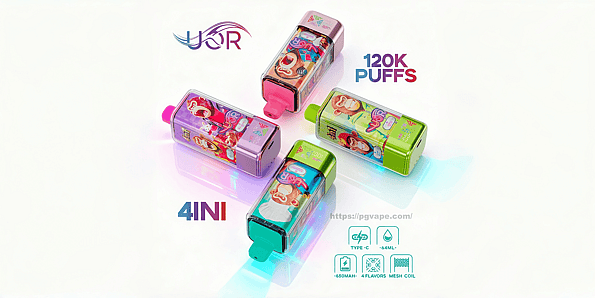 Four colorful rectangular disposable vape devices with cartoon monkey graphics arranged in a cross on a white background, accompanied by text reading "120K PUFFS" and "4IN1" and small product-spec icons.