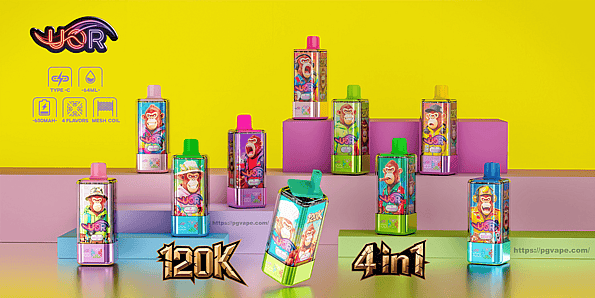 Bright promotional display of colorful disposable vape devices featuring cartoon ape graphics arranged on pastel platforms against a yellow background, with product logo and icons indicating Type‑C charging, 64 mL capacity, 650 mAh, 4 flavors and mesh coil and large “120K” and “4in1” text.