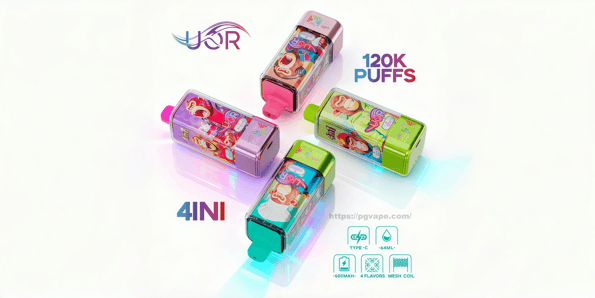 Four colorful rectangular disposable vape devices with cartoon monkey graphics arranged in a cross on a white background, accompanied by text reading "120K PUFFS" and "4IN1" and small product-spec icons.