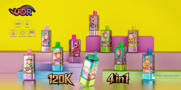 Bright promotional display of colorful disposable vape devices featuring cartoon ape graphics arranged on pastel platforms against a yellow background, with product logo and icons indicating Type‑C charging, 64 mL capacity, 650 mAh, 4 flavors and mesh coil and large “120K” and “4in1” text.
