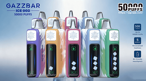 En rad färgglada GAZZBAR “Ice God” vape-enheter för engångsbruk med en snöflingalogotyp och digitala displayer på framsidan arrangerade i rader, visade med varumärkes- och funktionstexter för 50 000 bloss, 5 nivåer av svalka och ett lite vänligt munstycke.