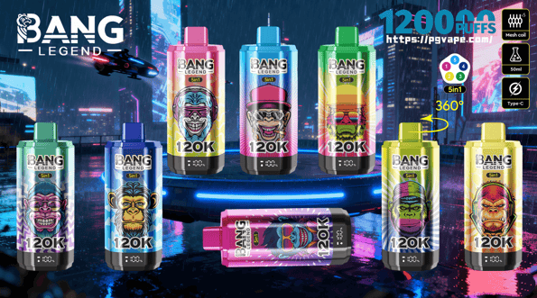 Multiple colorful Bang Legend 5-in-1 disposable vape devices with stylized ape artwork and prominent '120K' and '1200 PUFFS' branding, arranged on a glowing pedestal against a neon rainy cyberpunk cityscape with icons for mesh coil, 50ml capacity, Type-C charging, and a 360° feature.