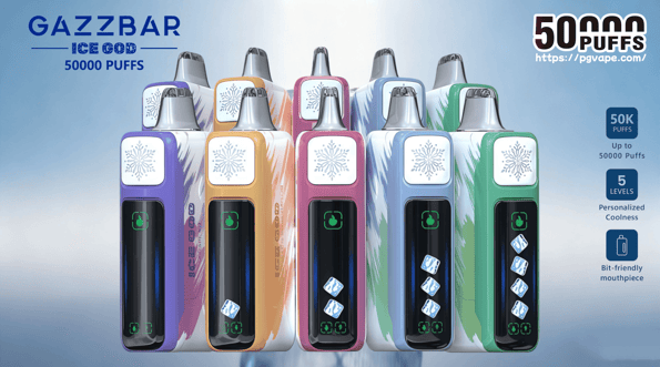 Array of colorful GAZZBAR “Ice God” disposable vape devices with a snowflake logo and front digital displays arranged in rows, shown with branding and feature callouts for 50,000 puffs, 5 levels of coolness, and a bit-friendly mouthpiece.