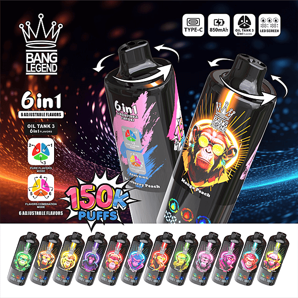 Promotional image for Bang Legend disposable vapes featuring two glossy black devices with neon monkey artwork, icons for Type-C, 850mAh battery, Oil Tank 3 and LED screen, text highlighting '6in1' adjustable flavors and '150K puffs', and a row of colorful flavor-varied devices along the bottom.