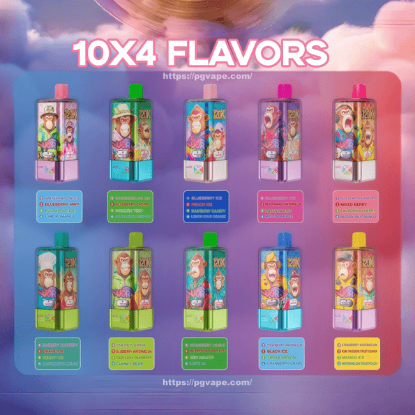 Poster titled '10X4 FLAVORS' showing ten colorful rectangular vape devices arranged in two rows, each decorated with cartoon monkey artwork and accompanied by a small labeled flavor list, set against a soft pink-and-purple cloud background with the URL https://pgvape.com visible.