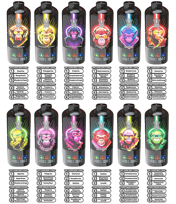 Twelve glossy black vape devices arranged in a grid, each labeled with a vibrant neon monkey illustration, distinct fruit-themed colors and flavor names, plus small icons and numbered flavor-combination guides printed beneath.