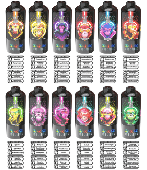 Twelve glossy black vape devices arranged in a grid, each labeled with a vibrant neon monkey illustration, distinct fruit-themed colors and flavor names, plus small icons and numbered flavor-combination guides printed beneath.
