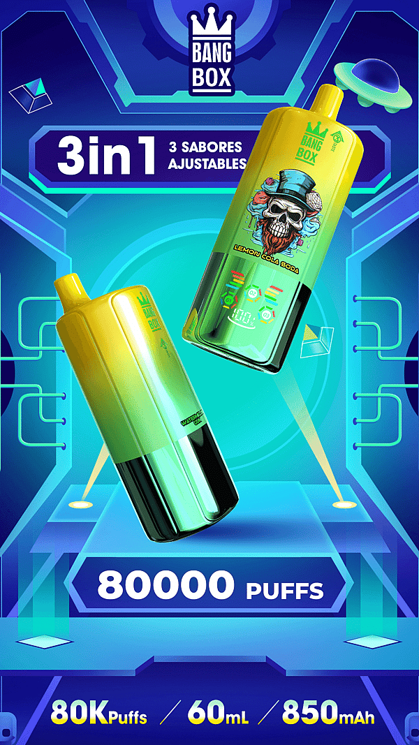 Bright blue futuristic ad for Bang Box 3in1 disposable vapes, featuring two green-yellow bottles (one with skull art, lemon cola flavor) and 80000 puffs