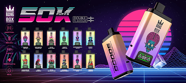 Neon retro Bang Box ad with a row of colorful vape pods, bold 50K Puffs text, and two towering gradient devices on the right.