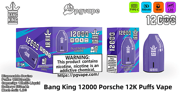 パープルの Bang King 使い捨て電子タバコ デバイスと、「12000 Puffs」と「Blueberry Grape」というラベルの付いた 2 つの紫色の製品ボックスが並んでいます。白地に Type-C、550mAh バッテリー、18ml のリキッド、1.2Ω メッシュ コイルのアイコン、目立つニコチン警告と Web サイトの URL が表示されています。.