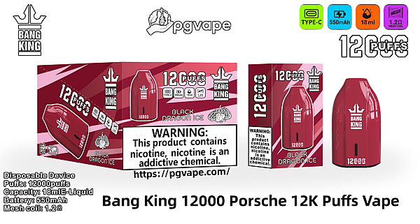 小さなポルシェのような形をした赤い Bang King 12000「ブラック ドラゴン アイス」使い捨て電子タバコのパッケージと製品ショット。12,000 パフのブランド表示、目立つニコチン中毒の警告、Type-C 充電、550 mAh バッテリー、18 ml のリキッド容量、1.2 Ω メッシュ コイルを示すアイコンが特徴です。.