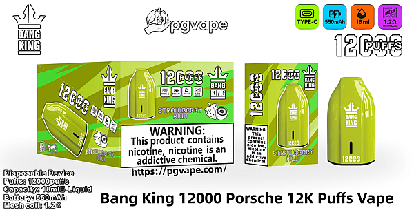 Green Bang King 使い捨て電子タバコと、「12000 パフ」のブランドとストロベリー キウイ フレーバーのアートワーク、バッテリーと容量のアイコン (Type-C、550 mAh、18 ml、1.2 Ω メッシュ コイル)、および目立つニコチン警告ラベルを表示した対応する小売ボックス。.