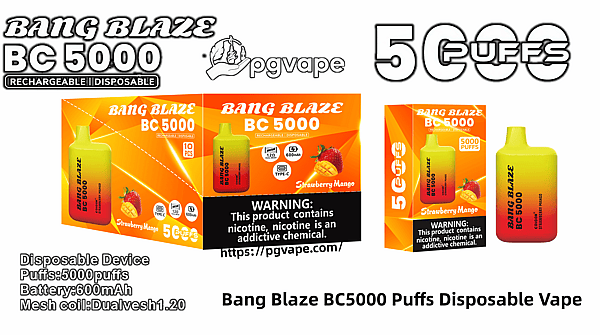 Packaging and product image of the Bang Blaze BC5000 disposable vape featuring a yellow-to-red gradient pod labeled BC5000, orange retail boxes highlighting 5,000 puffs and Strawberry Mango flavor, icons for Type-C and 600mAh battery, the pgvape logo, and a prominent nicotine warning label.