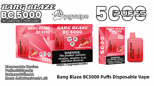 Packaging and product display for the Bang Blaze BC5000 rechargeable disposable vape in strawberry ice cream flavor, showing a pink device and retail boxes with '5000 puffs' branding, 600 mAh battery and mesh coil specs, PGVape logo and a nicotine warning label.