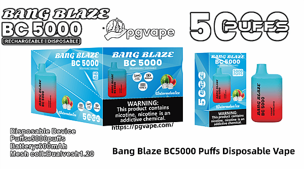 Promotional collage of the Bang Blaze BC5000 disposable vape showing a cyan-to-red gradient device, retail boxes labeled 5000 puffs and Watermelon Ice, brand logos, technical icons (600mAh, Type‑C, mesh coil) and a prominent nicotine warning, with product specs text at the bottom.