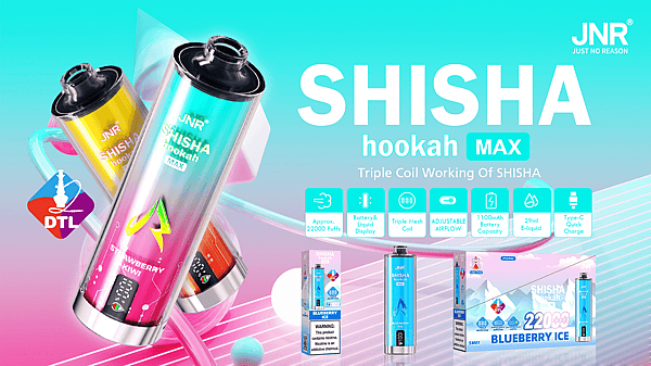 Two metallic gradient disposable shisha hookah devices and their boxed packaging set against a teal-to-pink gradient background with large 'SHISHA hookah MAX' branding and feature icons noting approx. 22,000 puffs, triple mesh coil, adjustable airflow, 1100mAh battery and 29ml e-liquid.