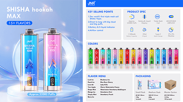 Promotional layout for JNR SHISHA hookah MAX showing two tall gradient disposable vape devices (blue and pink) labeled Approx. 22,000 puffs on the left, and on the right product specs and key selling points, a row of many colorful device variations, flavor menu, and packaging illustrations.