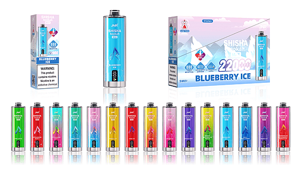 Display of JNR Shisha Hookah disposable vape devices and packaging, featuring a large central blue 'Blueberry Ice' device and box labeled 22,000 puffs, with a row of colorful metallic cylindrical disposables in various fruit and ice flavors and a visible nicotine warning on the pack.