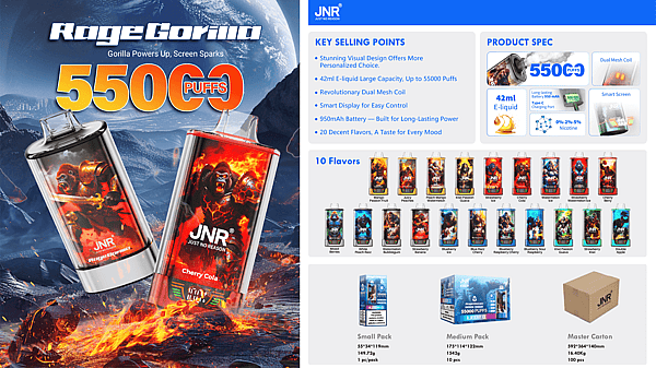 Promotional poster for JNR 'Rage Gorilla' disposable vape showing two gorilla-themed devices surrounded by fire and a volcanic landscape with large '5500 PUFFS' text, and a right panel detailing key selling points, product specs, flavor thumbnails and packaging options.