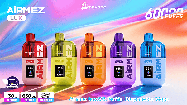 Five colorful Airmez Lux disposable vapes in several flavors on a gradient background; 30 ml, 650 mAh, dual mesh coil.