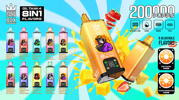 Bright ad for Bang Box Oil Tank 4 in 1 flavors, featuring eight colorful vape bottles, a large yellow tank, and 2000 puffs.