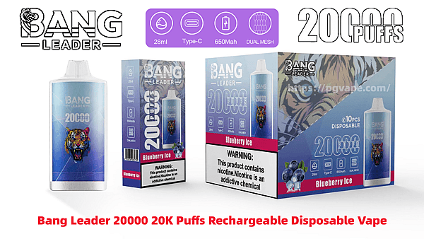 Blue Bang Leader disposable vape device and retail boxes labeled 20000 puffs with a snarling tiger graphic, labeled Blueberry Ice and showing icons for 28ml, Type‑C charging, 650mAh battery and dual mesh, with a display box for 10 disposables.