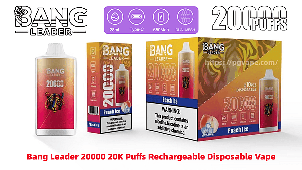 Packaged Bang Leader rechargeable disposable vape devices and display boxes on a white background, featuring red-orange Peach Ice branding with a tiger logo, prominent “20,000 puffs” text, icons for 28ml, Type‑C, 650mAh and dual mesh, and a nicotine warning label.