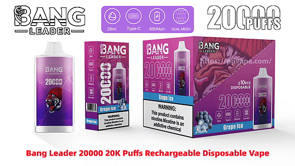 Purple Bang Leader disposable vape device and two matching product boxes labeled "20000 puffs" and "Grape Ice", featuring a snarling tiger logo, icons for 28ml, Type‑C, 650mAh and dual mesh, and a nicotine-warning panel.