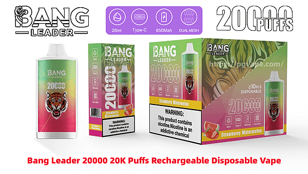 Product display of Bang Leader 20000 rechargeable disposable vape in strawberry watermelon flavor showing a tall device with a roaring tiger logo alongside single-pack and 10‑pack boxes, prominent “20000 puffs” text, icons for 28 ml, Type‑C, 650 mAh and dual mesh, and a nicotine warning label.