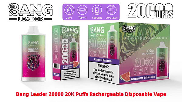 Promotional display of Bang Leader 20000 rechargeable disposable vape and its retail boxes in watermelon bubble gum flavor, featuring a pink-to-green device with tiger artwork, prominent “20000 puffs” text, icons for 28ml, Type‑C, 650mAh and dual mesh, and a visible nicotine warning label.