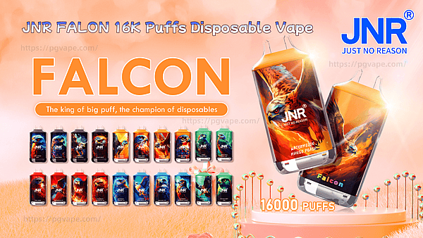 Reklama jednorazowych waporyzatorów JNR Falcon przedstawiająca dwa duże pomarańczowo-złote urządzenia z ilustracją szybującego sokoła, rzędy mniejszych kolorowych waporyzatorów przedstawiających smaki, logo JNR i tekst z napisem FALCON oraz 16 000 zaciągnięć na miękkim brzoskwiniowym tle.