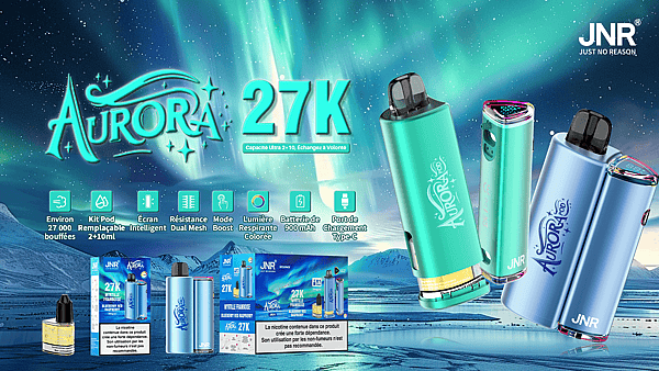 Promotional banner for JNR's Aurora 27K showing teal and blue vape devices, replacement pods and boxed packaging in the foreground, large stylized 'AURORA 27K' lettering and feature icons against an aurora-filled night-sky background.