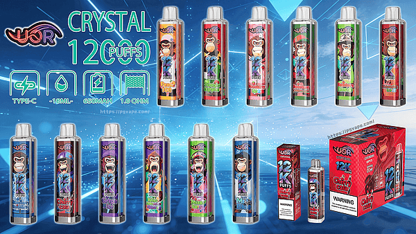 Blue promotional banner displaying UOR Crystal 12K Puffs disposable vape bottles in various flavors with monkey artwork and red packaging on the right.