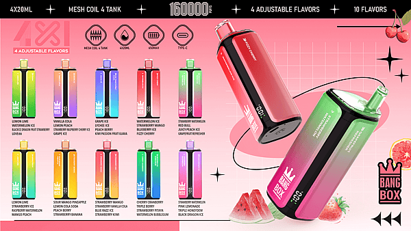 Bright pink Bang Box promo with a grid of colorful disposable vape flavors and a large gradient vape on the right.
