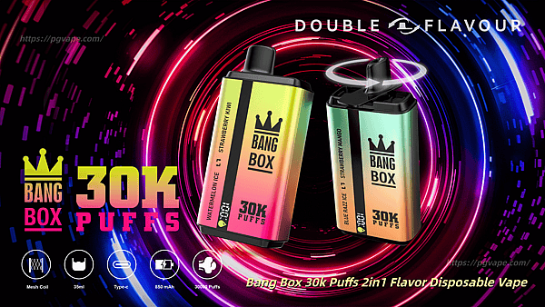 Two gradient Bang Box disposable vapes with 30K Puffs float in a neon swirl background, displaying Bang Box branding and bottom feature icons.