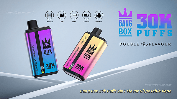 Two gradient Bang Box 30k Puffs disposable vapes with blue-purple and pink-gold finishes, crown logo, on a blue background.