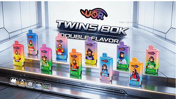 Colorful bottles with illustrated monkeys on a futuristic conveyor display promoting Twins 80K and Double Flavor.