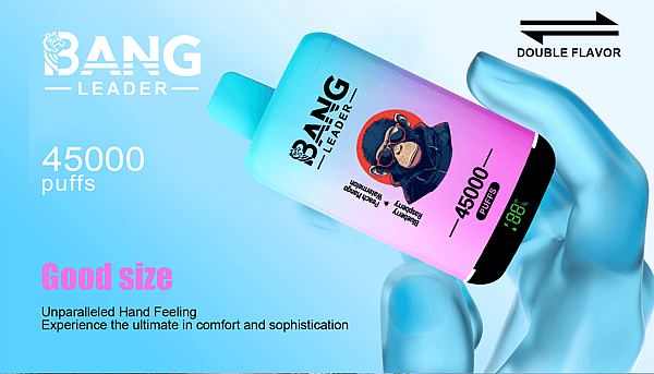 A gloved blue hand holding a pastel blue-to-pink disposable vape device branded "BANG LEADER" with a sunglasses-wearing chimp logo, "45000 puffs" printed, a small digital battery display, and a "DOUBLE FLAVOR" arrow on a light blue promotional background.